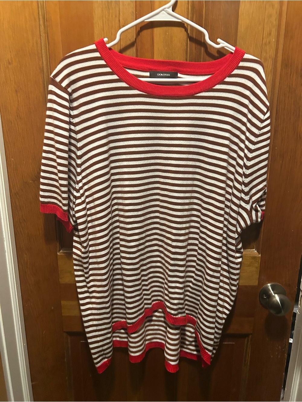 Brown & White Striped Knit Women’s Shirt with Red Trim
